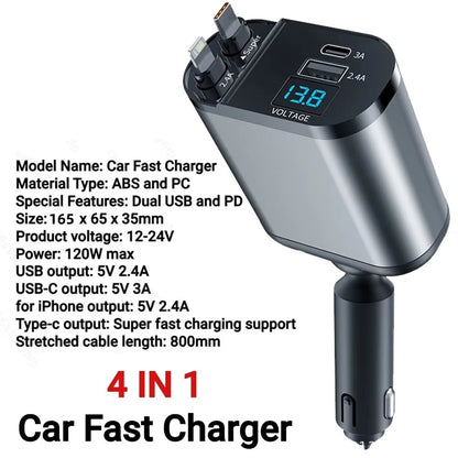 4 in 1 Car Charger 120W Retractable PD Type C Cable Fast Charging Car Cigarette Lighter Adapter for Iphone Samsung Xiaomi Huawei