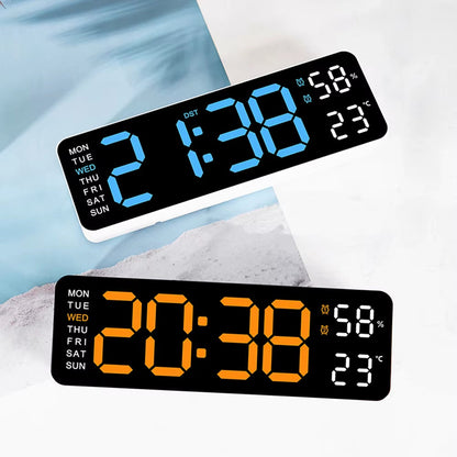 Large Digital Wall Clock Temperature and Humidity Week Display Brightness Adjustable Electronic LED Table Alarm Clock 12/24H